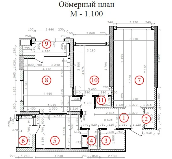 Обмерный план трёхкомнатной квартиры